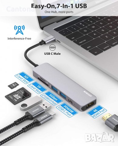 NIMASO USB C хъб, 7-в-1 към 4K HDMI, 2 USB 3.0 порта, SD/TF четец на карти, 60 W PD, съвместим с Mac, снимка 3 - Други - 38025667