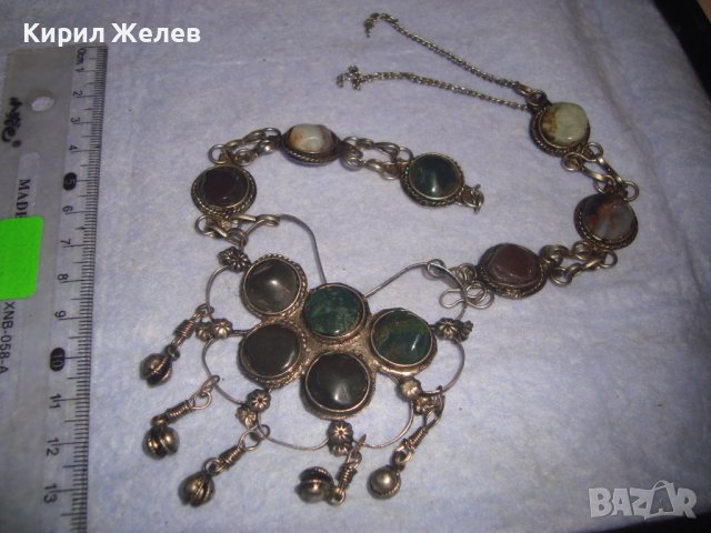 СТАРА СКЪПОЦЕННА ЕТНО СТИЛ ОРИЕНТАЛСКА ПОСРЕБРЕНА ОГЪРЛИЦА НАТУРАЛНИ КАМЪНИ НЕФРИТ АХАТ ЯСПИС 70881 , снимка 3 - Антикварни и старинни предмети - 37395584