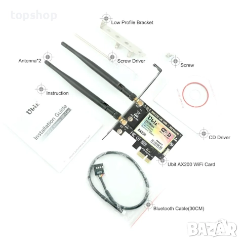 Нова Ubit AX WiFi 6 карта, двубандова, 3000 Mbps AX200 за настолен компютър, Bluetooth 5.1 | MU-MIMO, снимка 6 - Кабели и адаптери - 52040917
