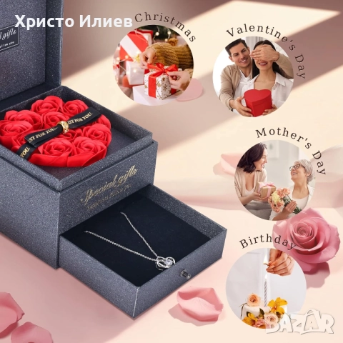 Подаръчен комплект сребърно колие сърце и обици в луксозна кутийка с вечни роза, снимка 3 - Бижутерийни комплекти - 50686112
