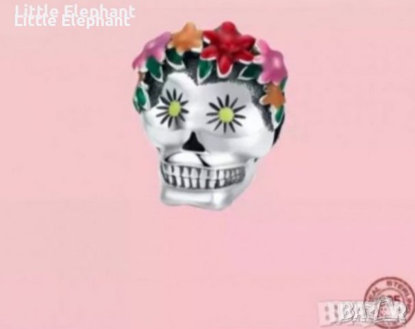 Сребърен елемент Пандора,колекция"Summer"череп с цветя/нов