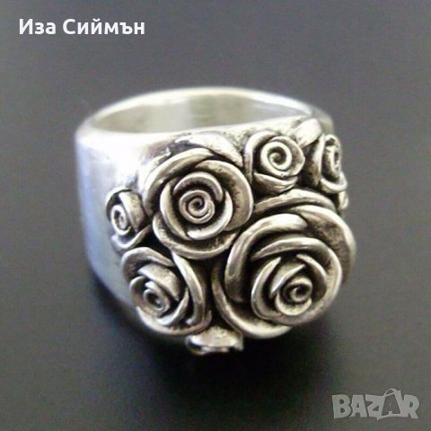Масивен сребърен винтидж пръстен с рози, снимка 4 - Пръстени - 32502587