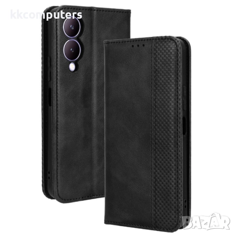 Кожен Ретро Калъф за vivo Y17s 4G / Y28 5G / Y33t -Магнитно затваряне, Държач за Карти и Стойка, вкл