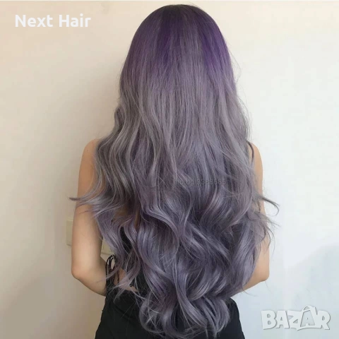 Модна омбре перука – трицветна с кафяви корени, лилав среден тон и сиви краища, снимка 4 - Аксесоари за коса - 52897617