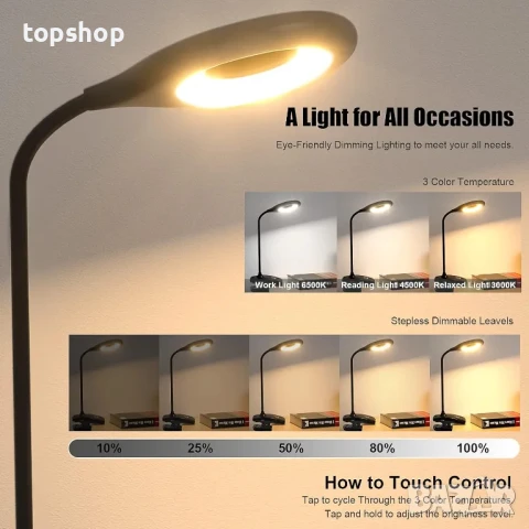 НОВА Зареждаема с батерия 1800mAh 40ч. ЛЕД настолна лампа с щипка DEEPLITE Т17. 3 цветови режима, снимка 6 - Настолни лампи - 50555668