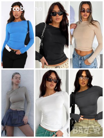 Нова дамска тениска с дълъг ръкав и кръгло деколте в плътен цвят, 6цвята