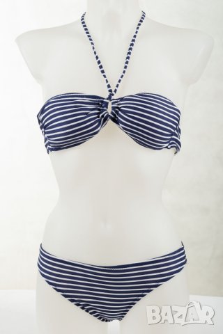 Тъмносин дамски бански от две части на райе с подарък Admas - S