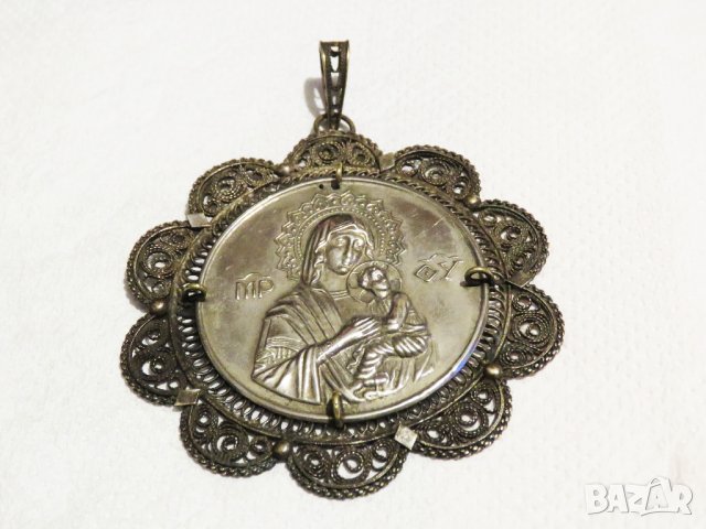 Възрожденска Сребърна икона, амулет, накит, медальон с Богородица, Дева Мария - Панагия 70 мм сребро, снимка 8 - Колиета, медальони, синджири - 35585086