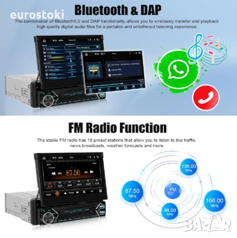 CAMECHO универсална мултимедия с автоматичен прибиращ се екран 7 инча, 1DIN, Carplay/Android Car, снимка 4 - Аксесоари и консумативи - 51077158