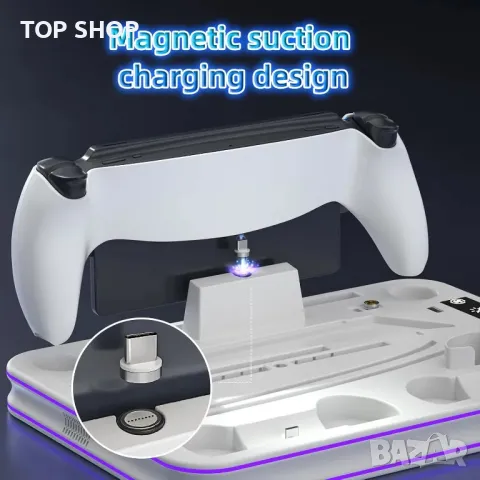 Стойка и охладителна станция с RGB LED, станция за зареждане, PS5 / PS5 Slim, бяла, снимка 7 - Аксесоари - 49340609