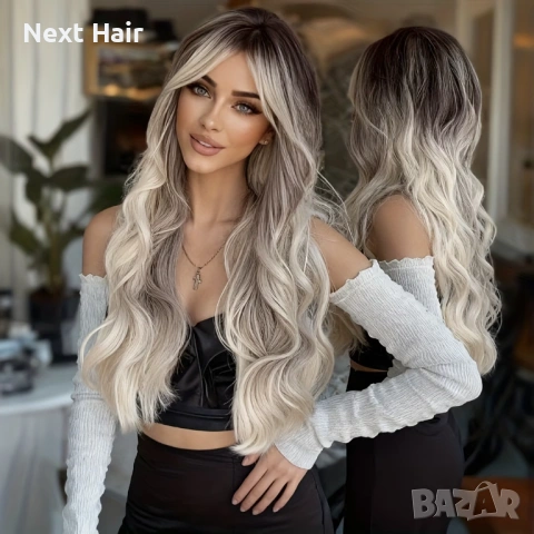 Чуплива сребристо-сива омбре перука с тъмни корени и дълъг бретон 65 см, снимка 2 - Аксесоари за коса - 53522743