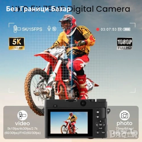Нова Влог Камера 5K 75MP Автофокус Dual Lens Уебкамера HDMI 32GB SD, снимка 2 - Камери - 53574062