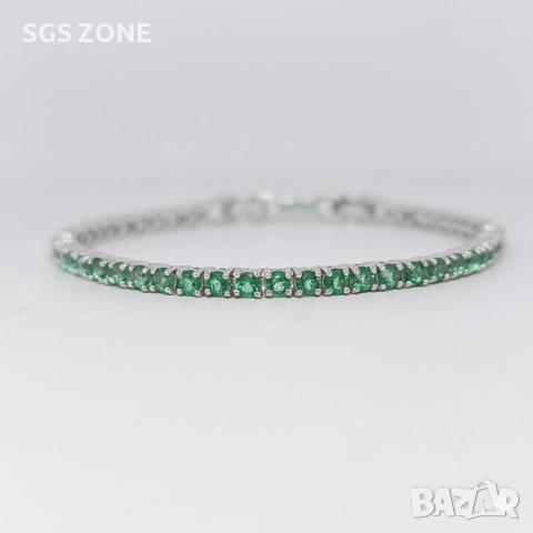 КЛАСИЧЕСКА ТЕНИС ГРИВНА ОТ СРЕБРО 925 СЪС ЗЕЛЕН ТОПАЗ, снимка 2 - Гривни - 52711324