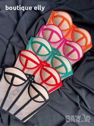 дамско бюстие в зелено, оранжево и червено