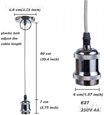 Хромирана Висулка за окачване на таван с E27 Държач за лампа, снимка 2 - Други - 33623402