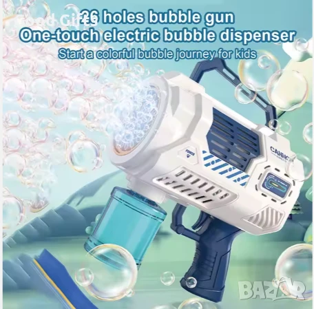 Пистолет за сапунени балончета с 26 отвора – LED светлини, USB зареждане, без разливане, снимка 2 - Други - 51060512
