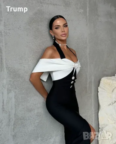 За празничните вечери! Елегантна секси рокля, бяла панделка 