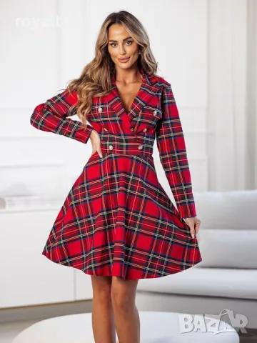 Дамска червена карирана рокля