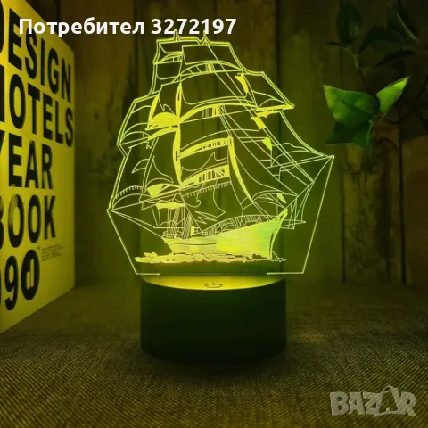 Холограмна 3D LED лампа Ветроходен кораб,RGB Седемцветен Интелигентен Контрол,USB, снимка 2 - Настолни лампи - 49492653