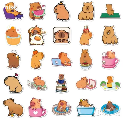 50 бр Капибара Capybara самозалепващи лепенки стикери за украса декор картонена торта и др, снимка 4 - Други - 49980577
