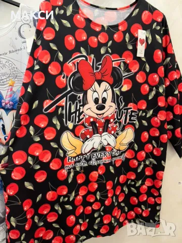 Памучна макси модерна дълга клоширана еластична туника с Мики Маус в различни десени, снимка 6 - Туники - 47650270
