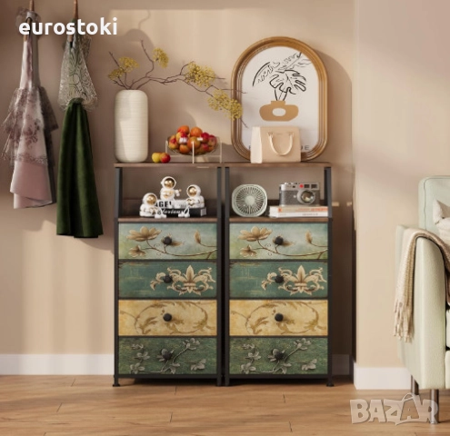 Скрин VEDECASA, скрин с 4 чекмеджета от плат, с отворен рафт, метална рамка, дървен плот, винтидж , снимка 6 - Скринове - 52777394