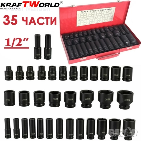Комплект ударни вложки 35 части KraftWorld – 1/2″, 8–32 мм, шестостенни, снимка 8 - Други инструменти - 51452293