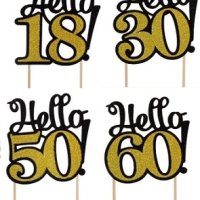 Hello 18 30 50 60 години юбилей златно черен брокатен картонен топер украса за торта рожден ден , снимка 1 - Други - 44071998