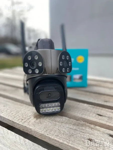 Тройна външна въртяща WiFi  камера с три обектива, ICSee, Черна, снимка 1