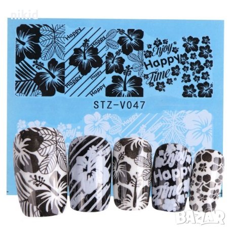 stz-v047 черно бели хибискус каркаде хаваи дантела слайдер татос ваденки водни стикери за нокти, снимка 1
