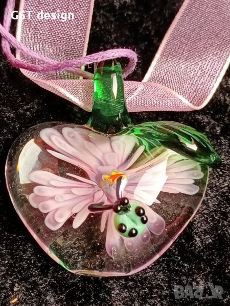 Спешно Колие Висулка Мурано Стъкло Органза Релеф Сърце Калинка , снимка 1