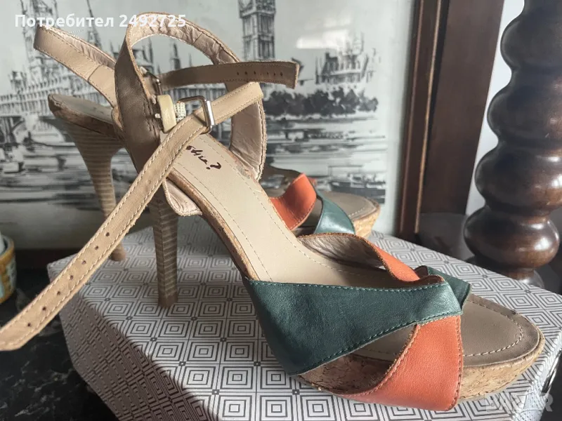 Обувки Сандали на ток 39/40 н кожа корк, снимка 1