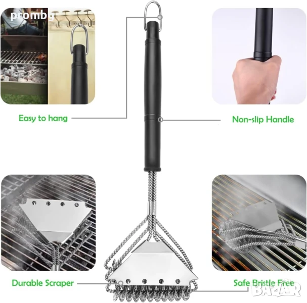 3 в 1 четка от неръждаема стомана за почистване за грил, барбекю, скара, Германия, снимка 1