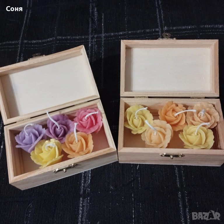 Дървена кутия с  пет ароматни мини рози - свещ, снимка 1