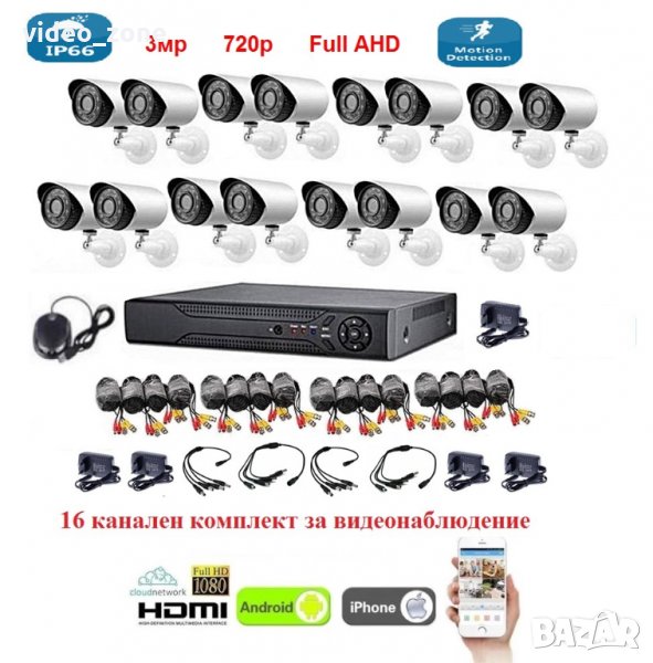 16ch Dvr, 16 броя 3мр 720р камери матрица Sony CCD + кабели 16 канално видеонаблюдение, снимка 1