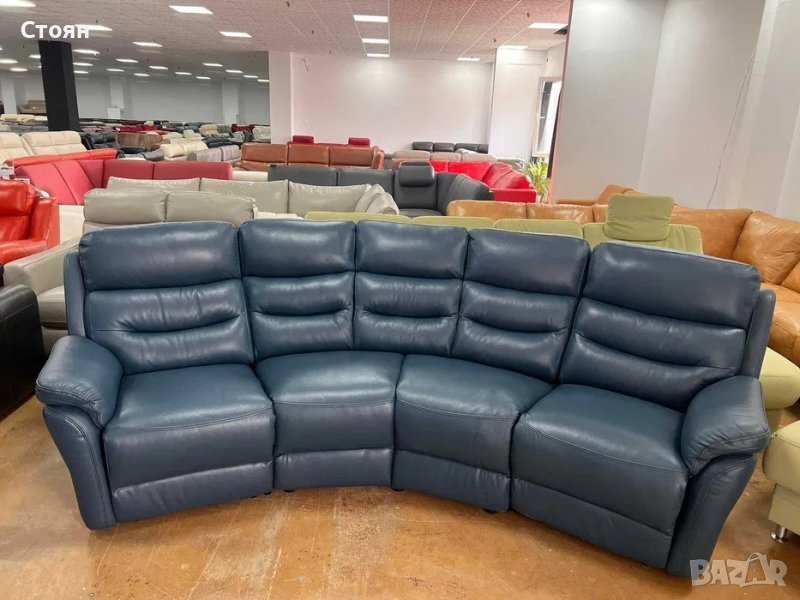 Син кожен извит диван четворка с ръчен релаксиращ механизъм, снимка 1