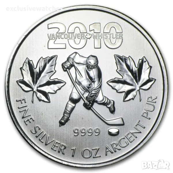 1 тройунция Сребърна Монета Cananda Olympic Hockey BU 2010 г. , снимка 1