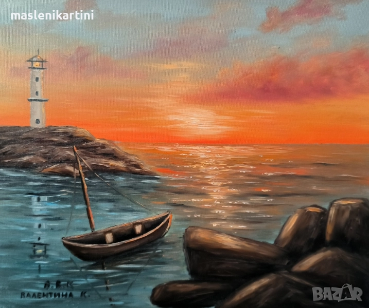Морски пейзаж залез и лодка маслена картина , снимка 1