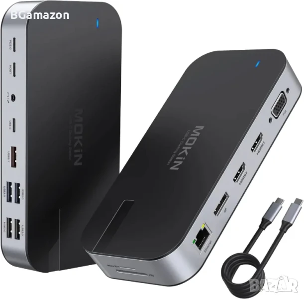 Докинг станция MOKiN за 4 монитора, 16 в 1 USB C с 2 HDMI, DP, 100W PD, USB 3.1/3.0/2.0, RJ 45..., снимка 1