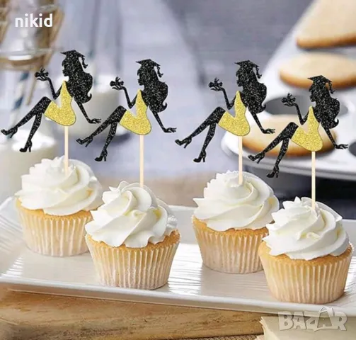 Момиче Абитуриент завършване бал черен брокатен картонен топер украса декор за торта кексче мъфин, снимка 7 - Други - 50319589