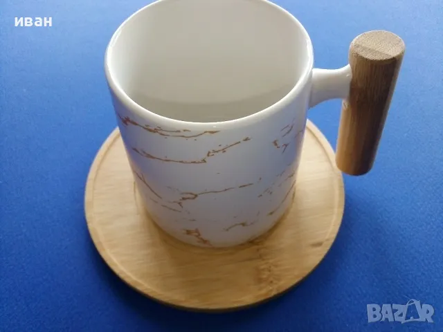 Керамична чаша с подложка от бамбук,235мл.нова в кутия, снимка 3 - Чаши - 49598683