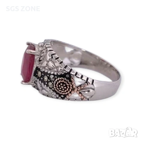Мъжки сребърен пръстен с рубин и марказит, снимка 2 - Пръстени - 53367667