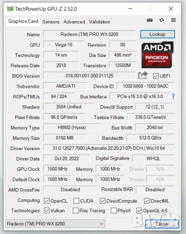 AMD PRO V320 видеокарта 8GB HBM2 workstation gpu radeon cad ml, снимка 2 - Видеокарти - 39967787