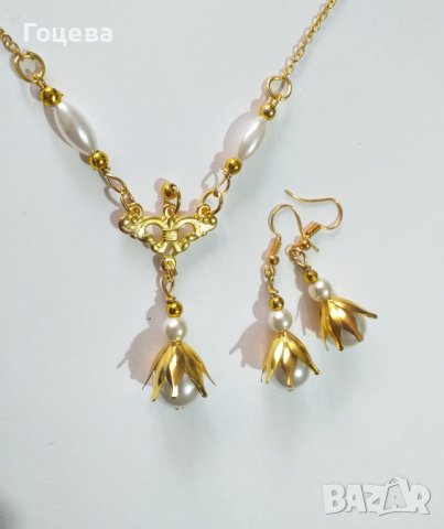 Разкошен комплект бижута обици и колие с кристални перли и красиви орнаменти в цвят злато , снимка 2 - Бижутерийни комплекти - 39040593