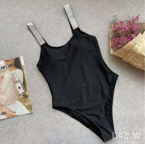  Уникален черен цял бански с блестящи презрамки, снимка 5 - Бански костюми - 27529910