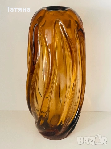 Стъклена ваза, стил Мурано, цвят медено-кехлибарен, снимка 2 - Антикварни и старинни предмети - 53135370