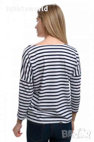 Нова дамска моряшка блуза с паднало рамо, трансферен печат Котва, снимка 5 - Блузи с дълъг ръкав и пуловери - 28375572