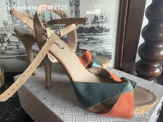 Обувки Сандали на ток 39/40 н кожа корк, снимка 1