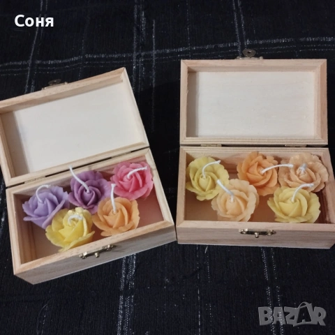 Дървена кутия с  пет ароматни мини рози - свещ