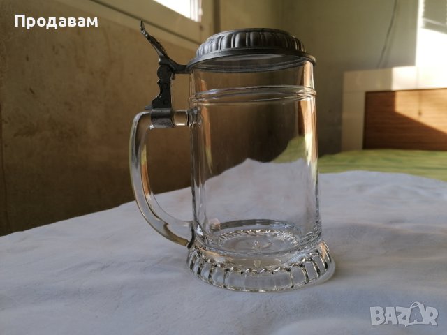 Кристална халба с капак от цинкова сплав, Германия, снимка 1